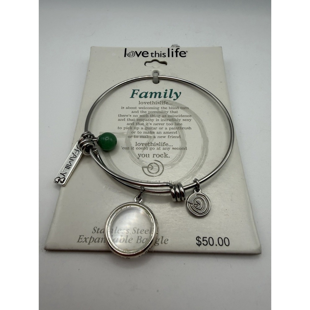 Love This Life Family Expandable Bangle Bracelet Stainless Steel Silver Green